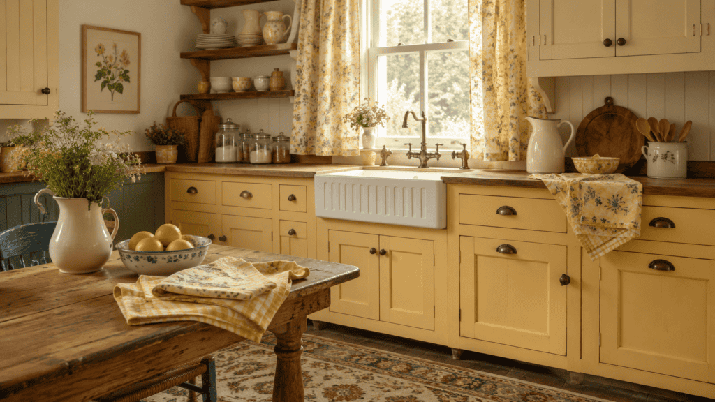 Cozy yellow kitchen ideas with buttery cabinets, floral curtains, a farmhouse sink, and warm wood accents.