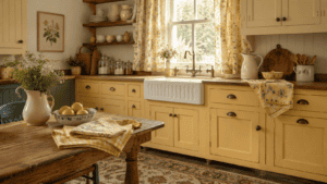 Cozy yellow kitchen ideas with buttery cabinets, floral curtains, a farmhouse sink, and warm wood accents.