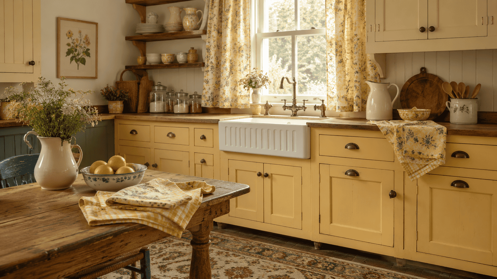 Cozy yellow kitchen ideas with buttery cabinets, floral curtains, a farmhouse sink, and warm wood accents.