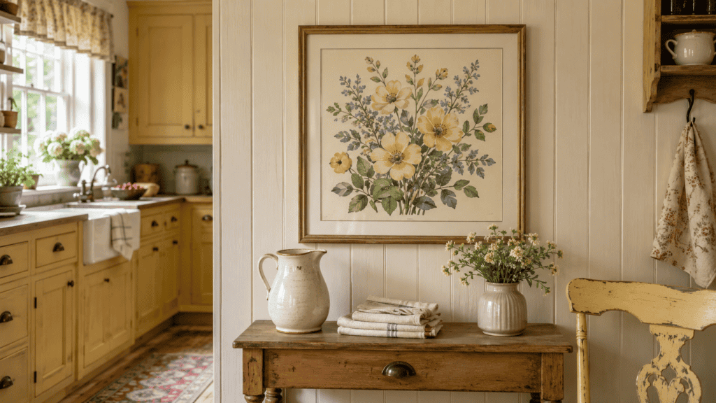 Yellow floral kitchen artwork above a rustic wood console with cream ceramics and soft cottage flowers.