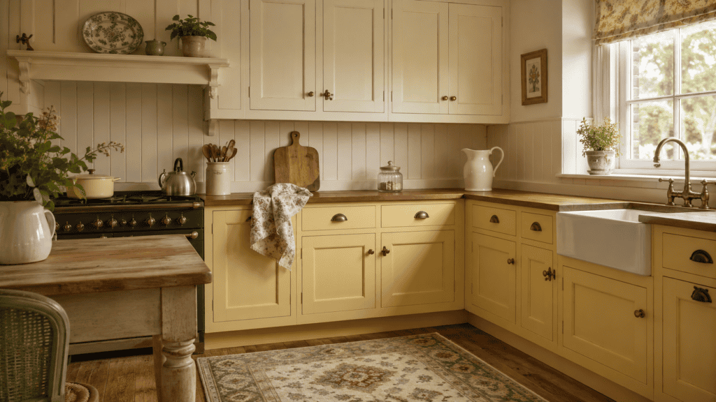 Yellow kitchen ideas with buttery lower cabinets, warm cream upper cabinets, wood counters, and vintage hardware.