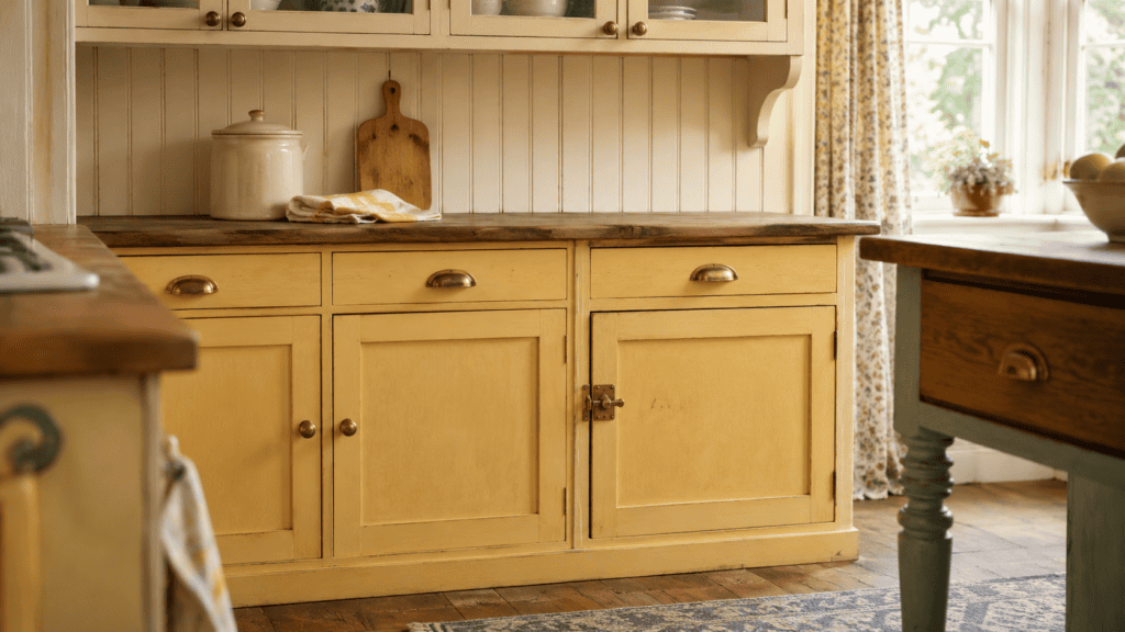 Aged brass cup pulls, knobs, and a vintage latch on softly painted yellow cottage kitchen cabinets.