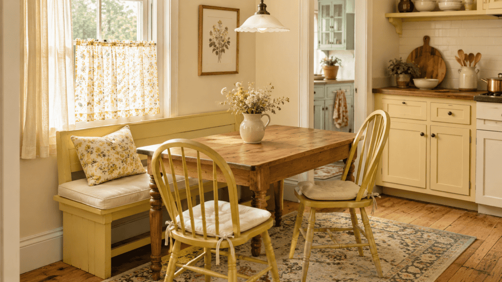 Yellow cottage breakfast nook with a wood table, painted bench, floral cushion, and vintage-style pendant light.