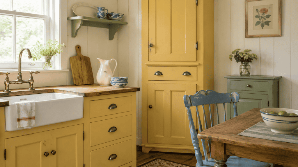 Buttery-yellow cottage kitchen with dusty-blue seating, muted-sage accents, warm wood, and blue-and-white dishes.