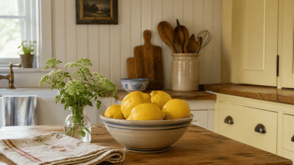 Yellow kitchen ideas with fresh lemons in a ceramic bowl on a warm wood table beside flowers and cottage cabinetry.