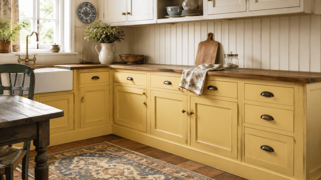 buttery lower cabinets, warm wood countertops, cream beadboard, and vintage brass hardware.