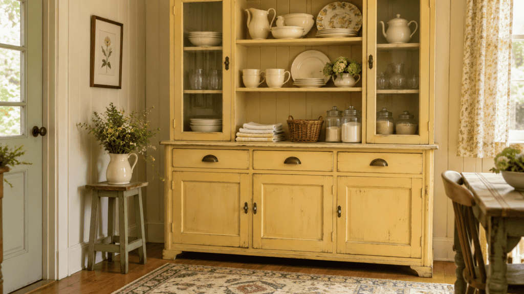buttery lower cabinets, warm wood countertops, cream beadboard, and vintage brass hardware.