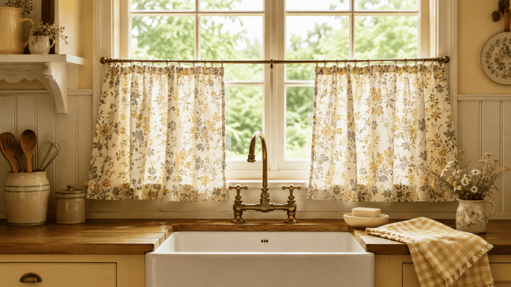 featuring floral café curtains, a farmhouse sink, an aged brass faucet, and gingham linens.