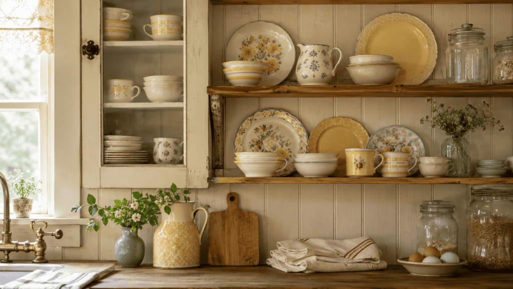 vintage dishes arranged on wooden shelves with cream linens, glass jars, and a patterned pitcher.
