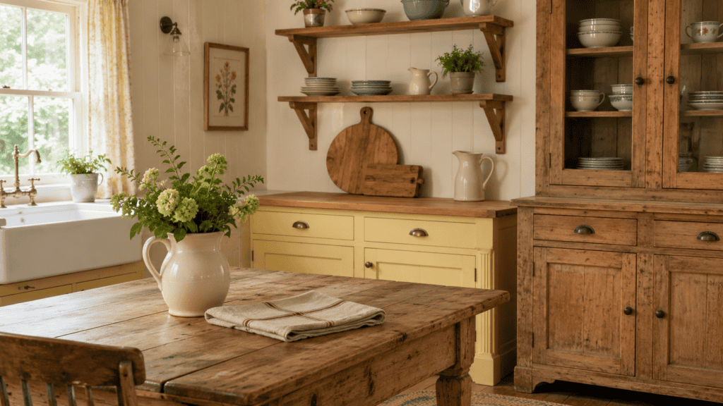 Buttery-yellow cottage cabinetry paired with a rustic wood table, open shelves, and cream ceramic accents.