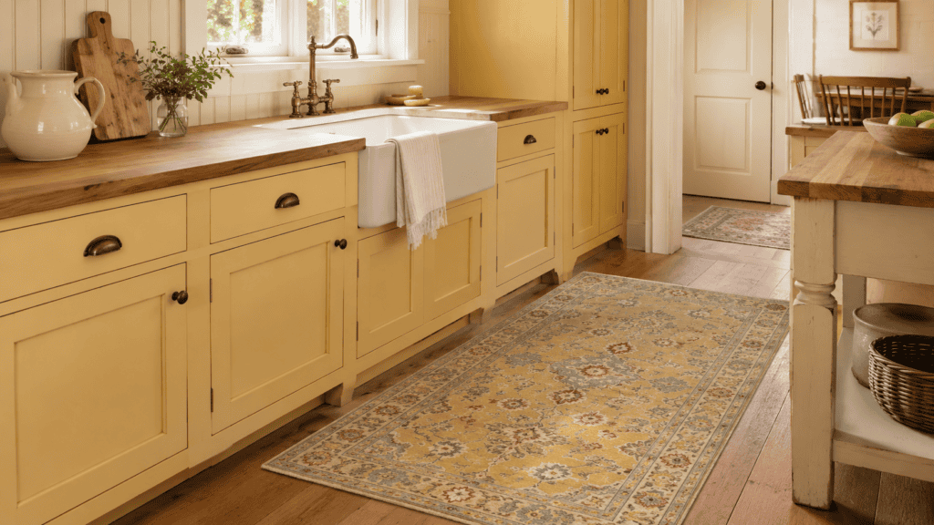 Yellow kitchen ideas with a faded patterned rug, buttery cabinets, warm wood floors, and a farmhouse sink.