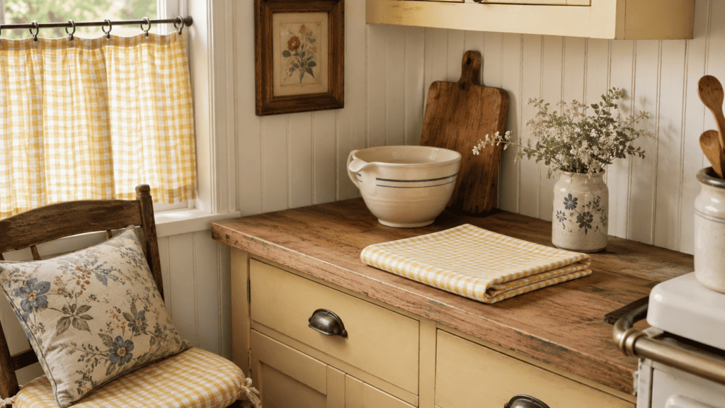 Yellow gingham café curtains and folded linens mixed with a faded floral cushion in a cottage kitchen.