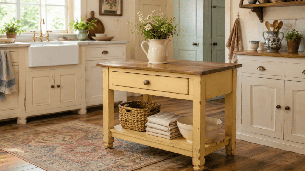 Yellow kitchen ideas featuring a small buttery-yellow island with a wood top, open shelf, basket, and folded linens.