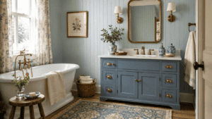 Cozy blue bathroom ideas with a dusty blue vanity, powder blue beadboard walls, freestanding tub, brass fixtures, and vintage cottage decor