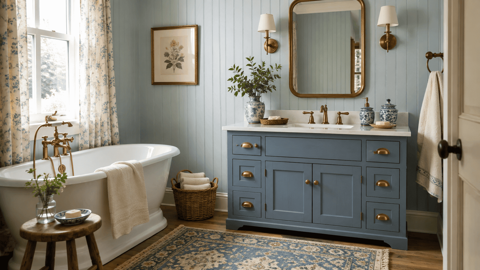 Cozy blue bathroom ideas with a dusty blue vanity, powder blue beadboard walls, freestanding tub, brass fixtures, and vintage cottage decor