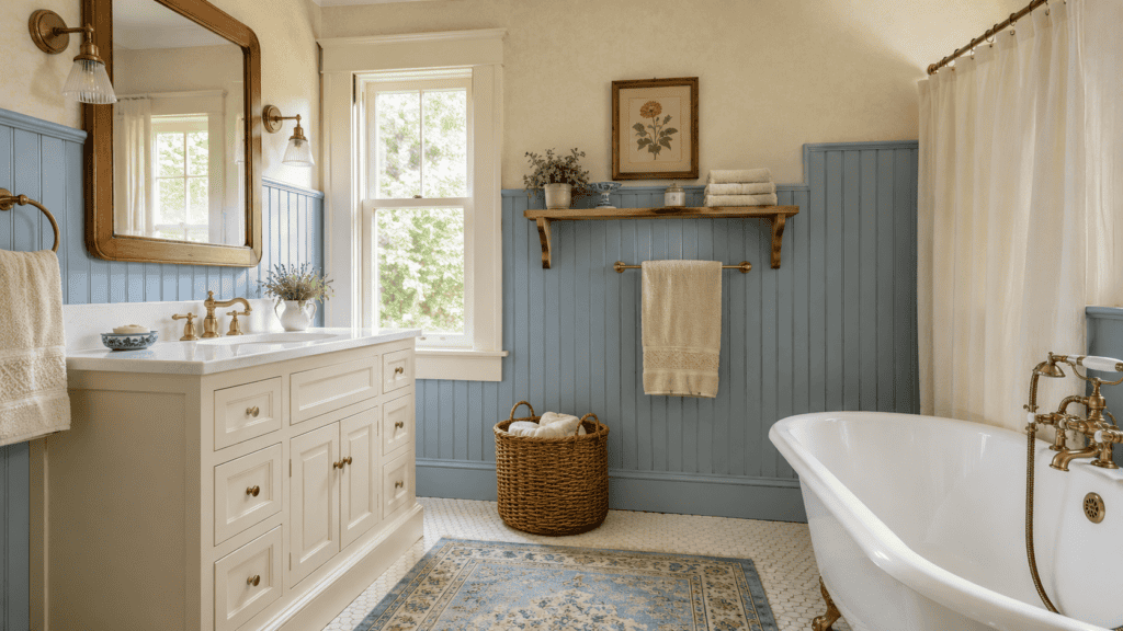 beadboard, a warm cream vanity, brass fixtures, a freestanding tub, and vintage cottage accents