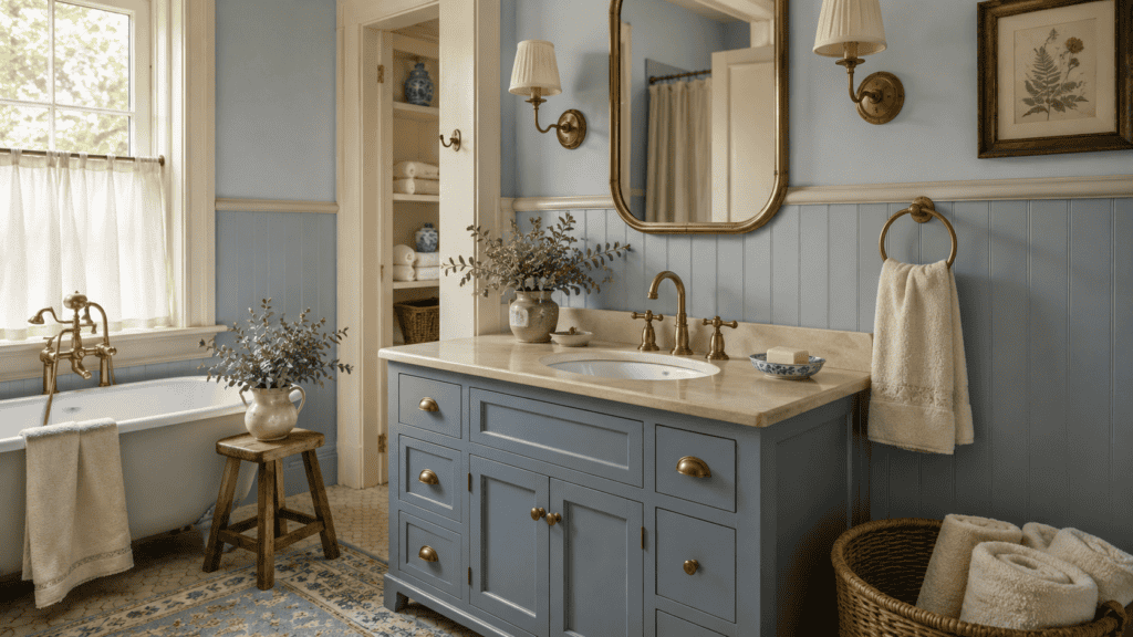 Dusty blue bathroom vanity with aged brass fixtures, cream stone countertop, beadboard walls, and warm cottage decor