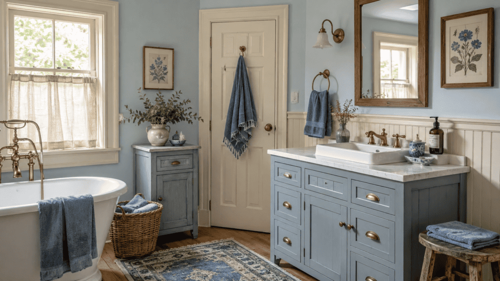Blue bathroom ideas using powder blue walls, a dusty blue vanity, faded denim towels, blue-gray furniture, and warm wood accents