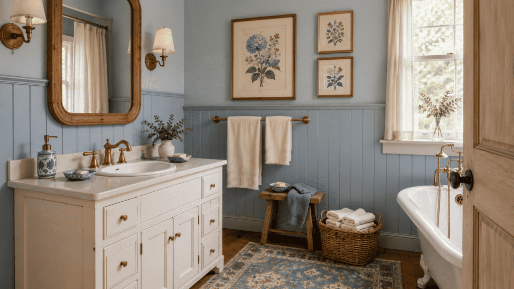 Vintage blue botanical artwork displayed above cream towels in a cottage bathroom with blue beadboard and brass fixtures
