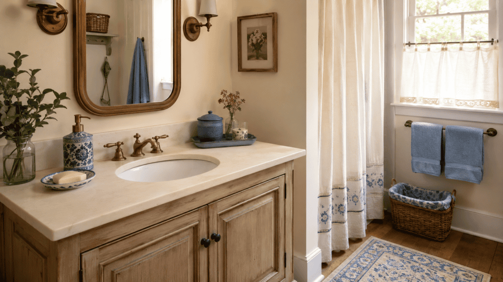 Small blue bathroom accessories with dusty blue towels, blue-and-white ceramics, a lined woven basket, and a natural wood vanity