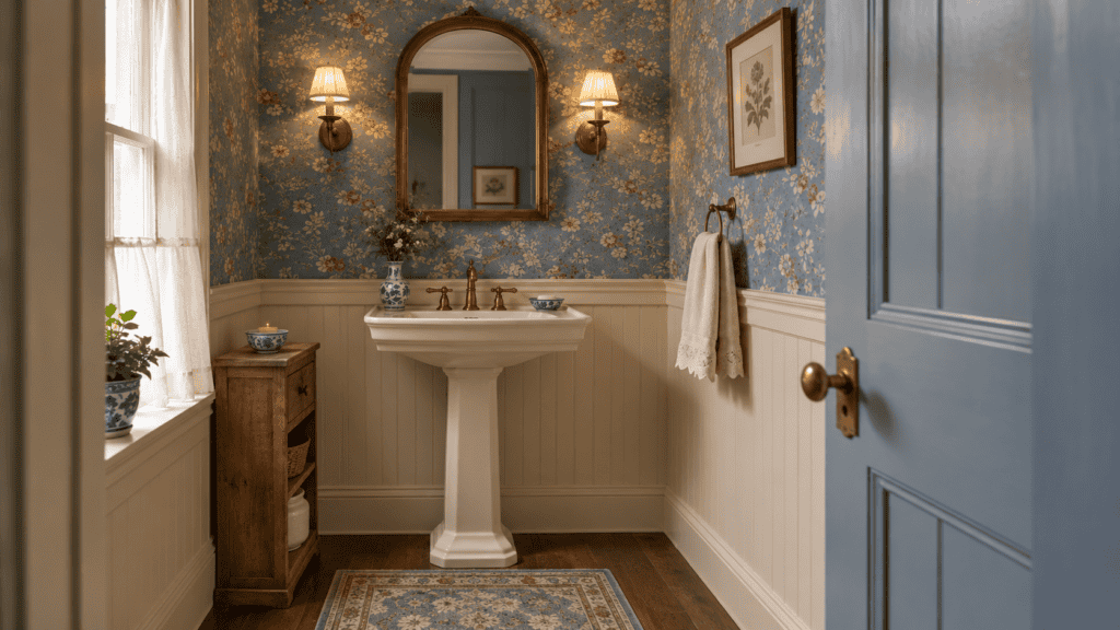 Cozy blue powder room with vintage floral wallpaper, cream beadboard, a pedestal sink, brass sconces, and a faded blue rug