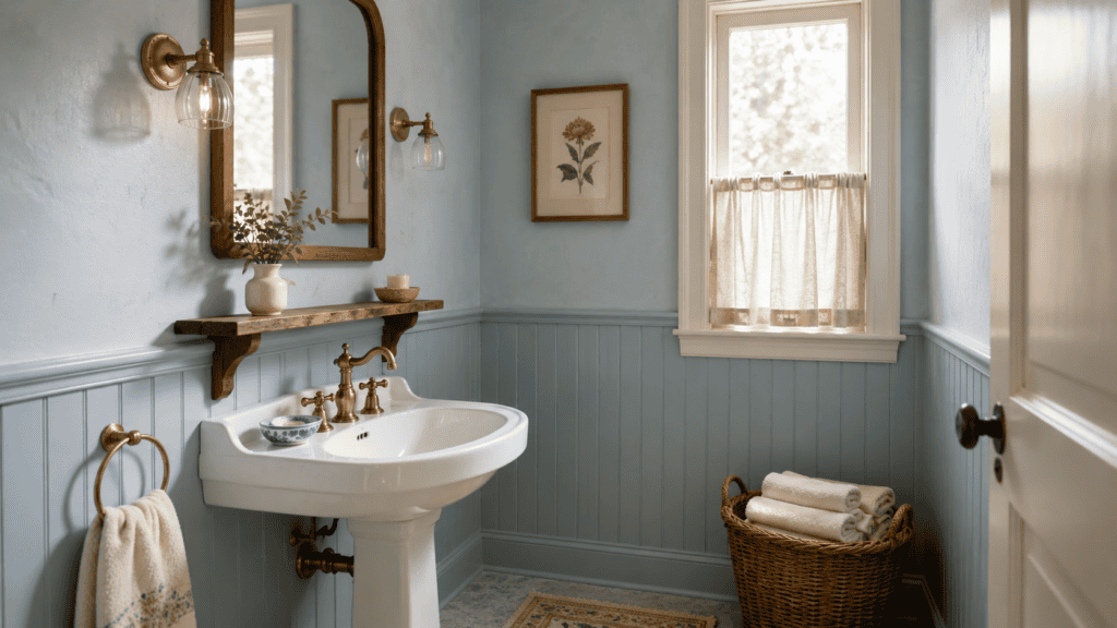 powder-blue walls, matching beadboard, a pedestal sink, brass fixtures, and warm wood accents