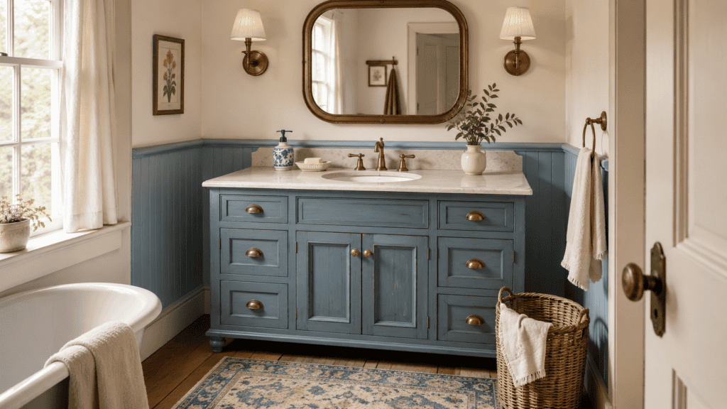 A dusty-blue vanity becomes the focal point of this cottage bathroom, balanced by warm cream walls, brass fixtures, and natural wood flooring.