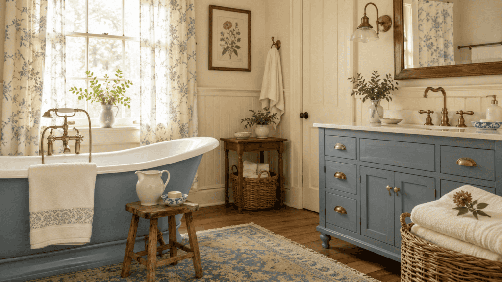 Blue bathroom ideas paired with warm cream walls, a powder-blue bathtub, floral curtains, natural wood, and aged brass accents