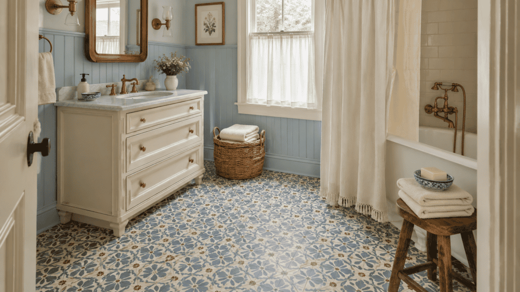 Blue-and-white floral bathroom floor tile with a cream vanity, pale blue beadboard, brass fixtures, and a wooden stool