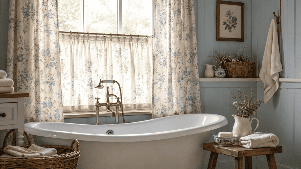 faded floral curtains, a white freestanding tub, darker colored beadboard, brass fixtures, and warm wood accents