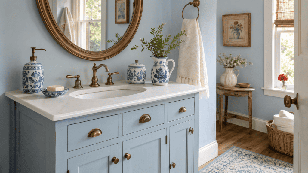 Dusty blue bathroom vanity styled with blue-and-white ceramic containers, a brass mirror, cream towels, and fresh greenery