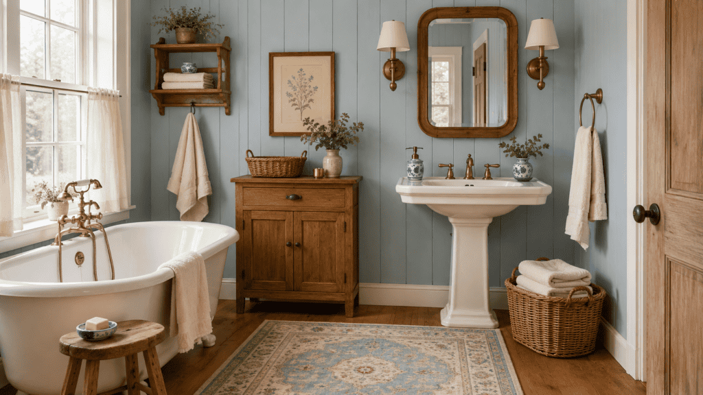 warmed with a natural wood cabinet, framed mirror, wall shelf, wooden stool, and honey-toned flooring
