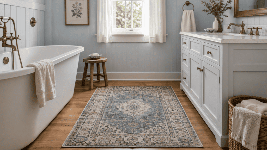 Faded vintage rug placed between a white bathtub and cream vanity on warm natural wood flooring