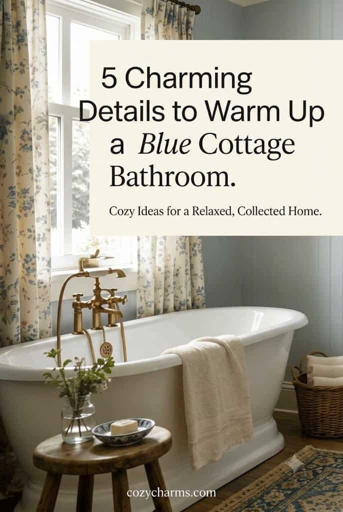 Pedestal style white bathtub under window with floral curtains.