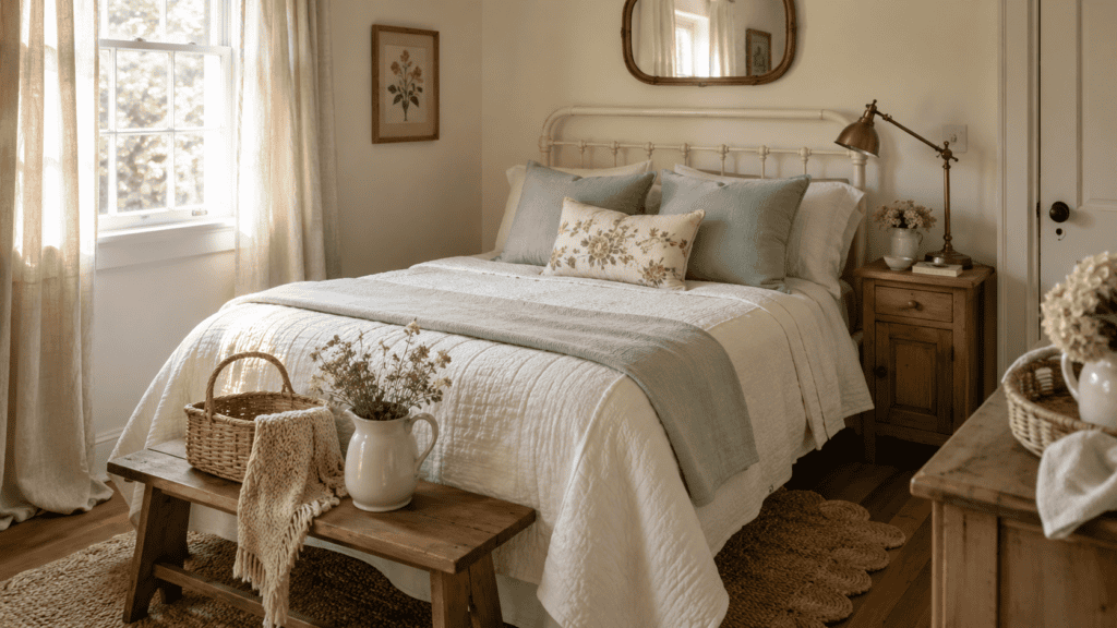 Small cottage bedroom ideas with a cream bed, soft sage accents, natural wood furniture, vintage brass lighting, and cozy cottage decor.