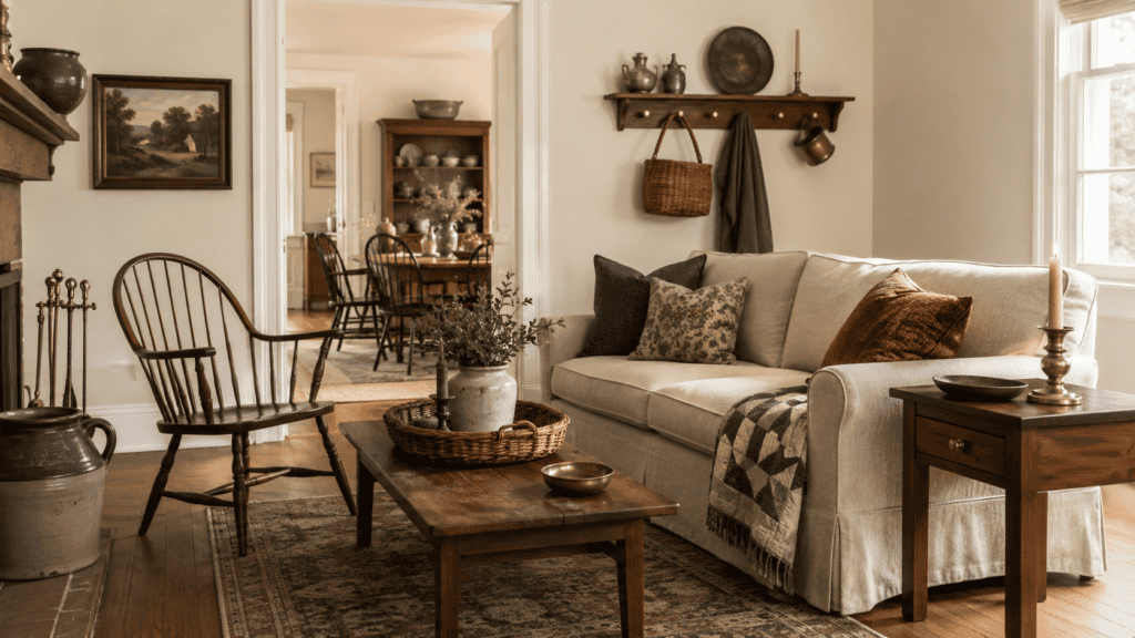 Early American decorating ideas in a cozy collected living room with warm wood furniture, a Windsor chair, stoneware crock, woven basket, and neutral sofa