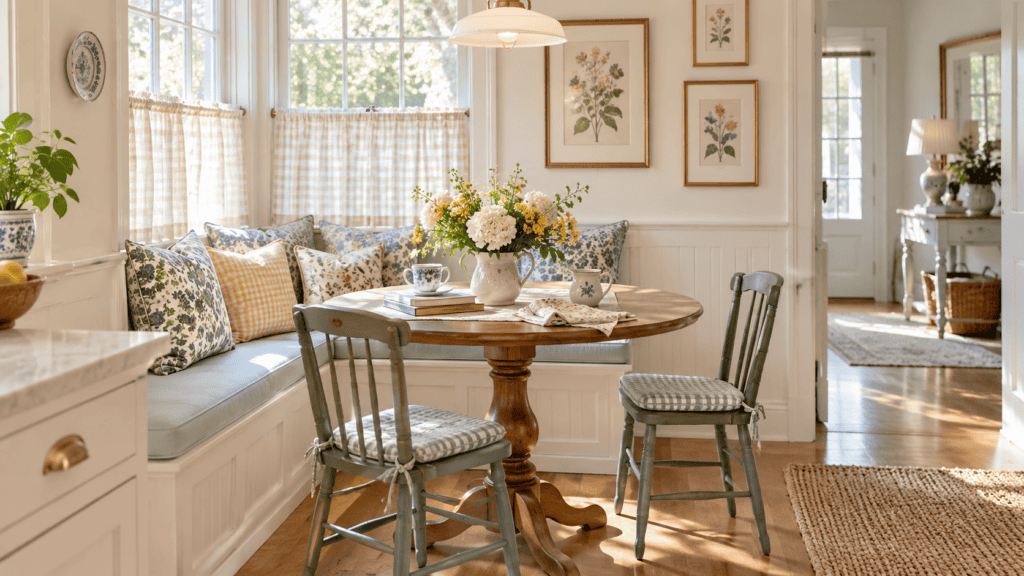 Cozy breakfast nook ideas with a round pedestal table, built-in bench, gingham café curtains, floral cushions, and vintage cottage details