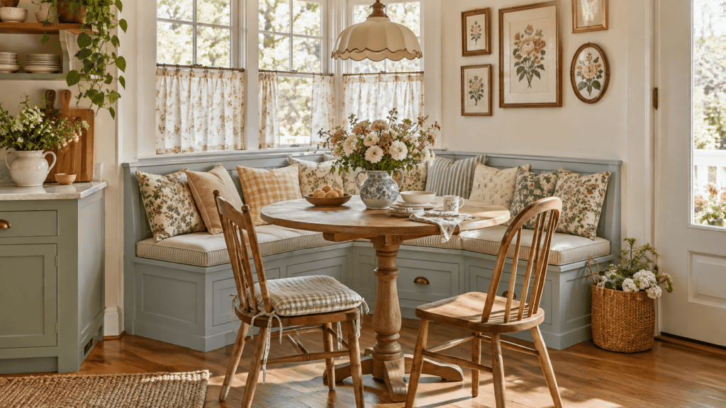 Painted breakfast nook banquette in pale blue with floral pillows, café curtains, vintage chairs, and grandmacore cottage decor