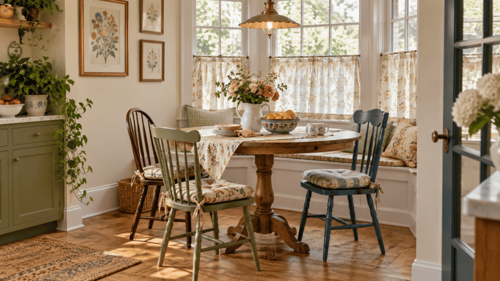 Vintage breakfast nook with mismatched painted and wood chairs, floral cushions, round table, café curtains, and botanical wall art