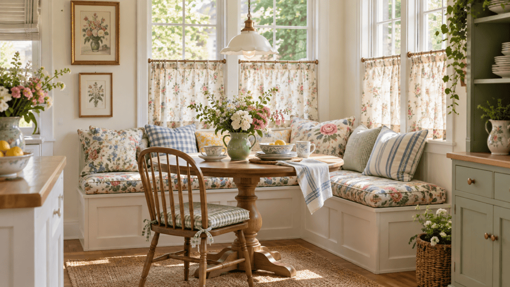 Cozy breakfast nook ideas with grandmacore floral fabrics, gingham pillows, striped cushions, café curtains, and a round wood table