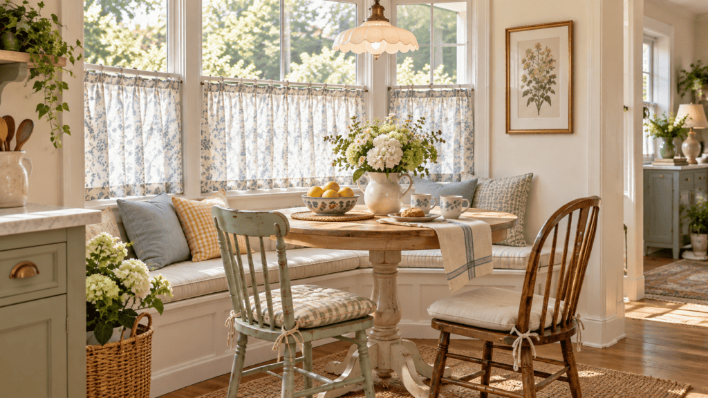 Cozy breakfast nook ideas with blue floral café curtains, a round wood table, cottage seating, and bright grandmacore details
