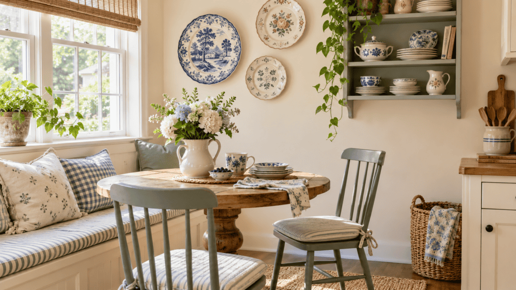 Vintage breakfast nook with blue-and-white dishes, decorative plates, cream pottery, sage chairs, and collected cottage decor