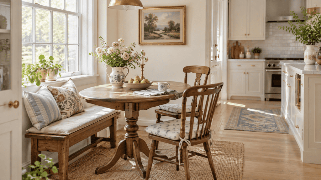 Vintage breakfast nook with warm wood table, wooden bench, mixed chairs, floral cushions, and a bright modern kitchen