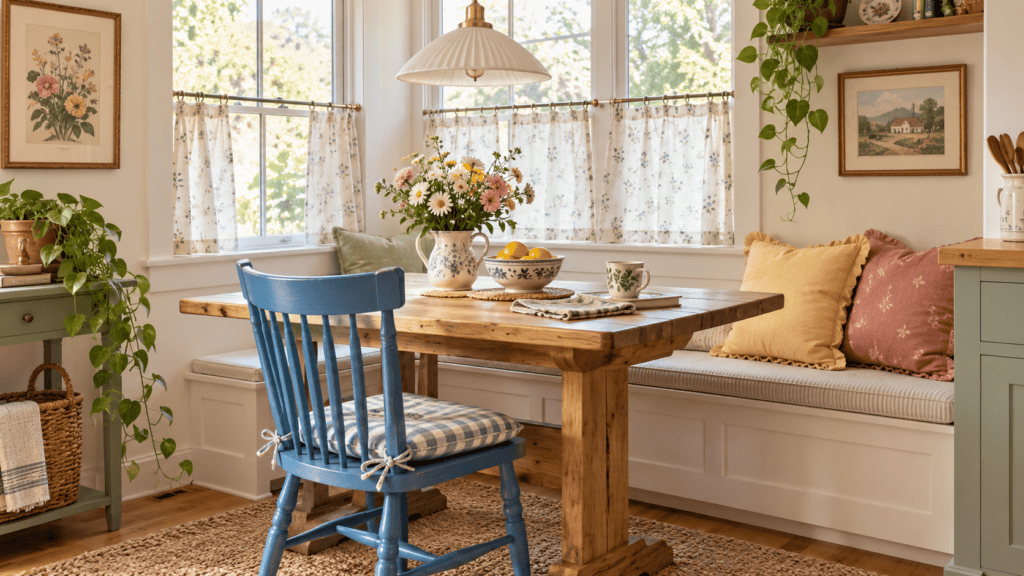 painted blue chair, butter-yellow cushion, faded rose pillow, sage accents, and warm wood in a built in table setting