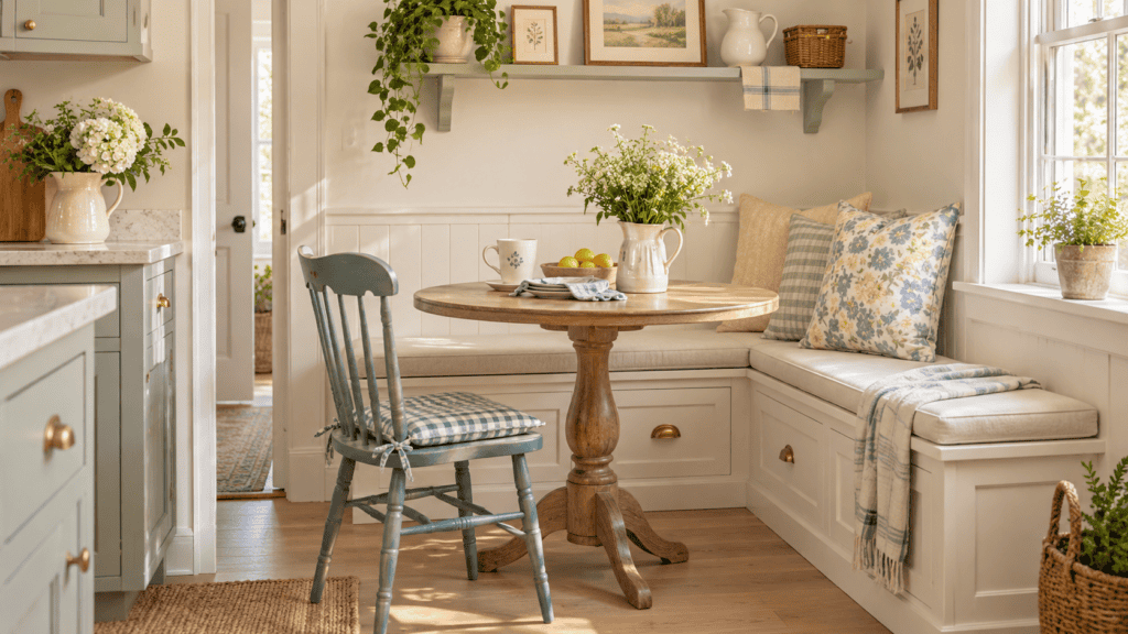 built-in storage bench, round pedestal table, painted chair, wall shelf, and bright grandmacore details