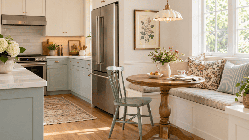 Modern kitchen with built in eating area, vintage wood table, painted chair, floral cushion, botanical art, and grandmacore accents