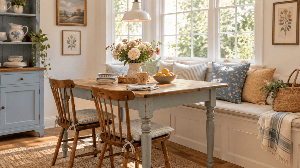 collected dishes, painted furniture, warm wood chairs, floral pillows, woven basket, and grandmacore decor