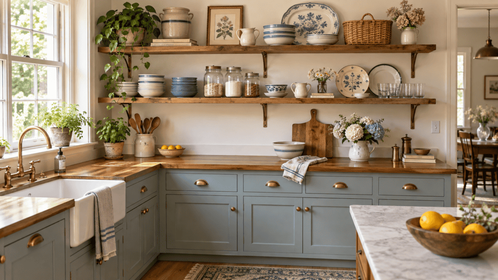 Vintage kitchen shelf decor ideas with open wood shelves, blue-and-white dishes, pottery, baskets, glass jars, and sage green cabinets.