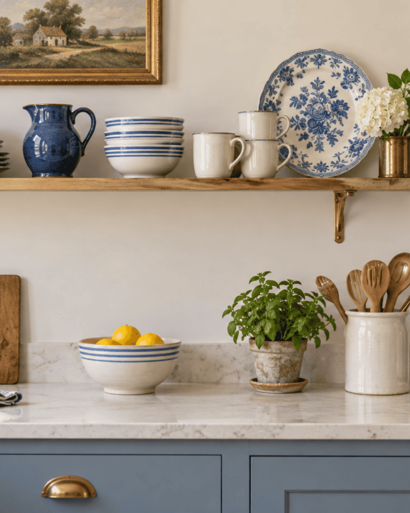 Vintage kitchen shelf decor ideas with blue-and-white dishes, a blue pitcher, cream mugs, and a floral plate on open shelving.