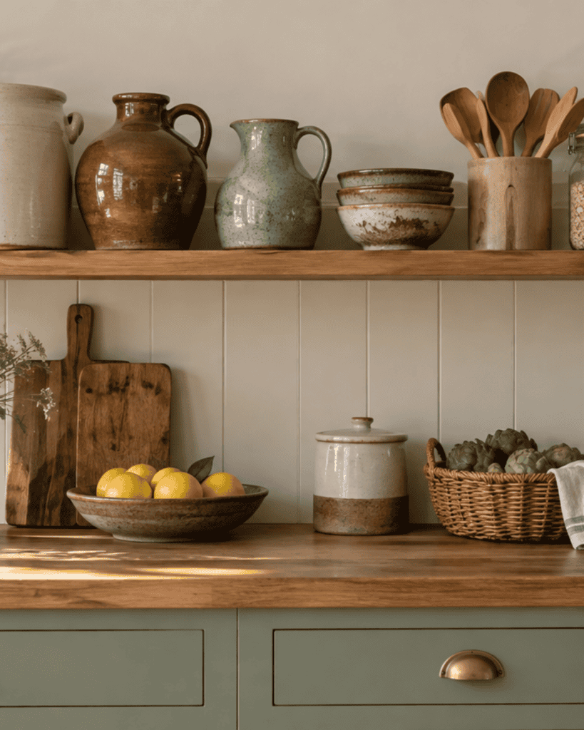 Mixed stoneware, handmade bowls, wood, and woven textures give this kitchen shelf a warm collected look.
